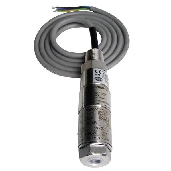 Wika PXS4ME Mini Pressure Switch, 1.6 - 6 Bar Range, 1/4" NPT Internal Female - 1/2"-14 NPT External Male Process Threads, 5M Cable